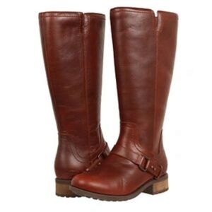 UGG Dahlen Tall Leather Boots, Bourbon, Size 7.5, Partial Zip, Buckle Detailing